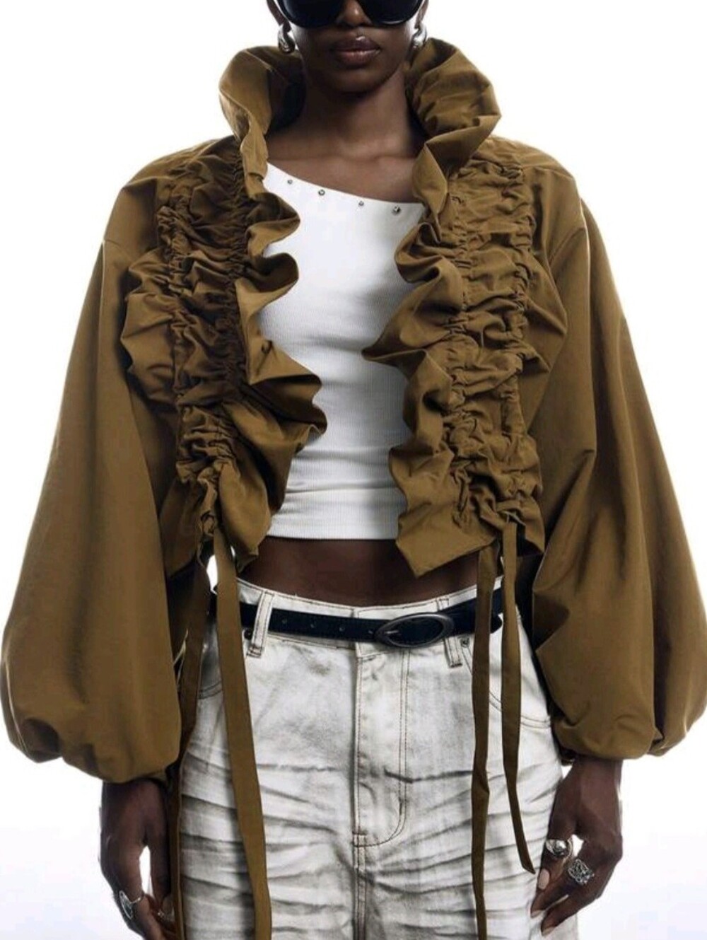 Women's Solid Color Long Sleeve Ruffle Drawstring Design Regular Jacket Office - Picture 8 of 9